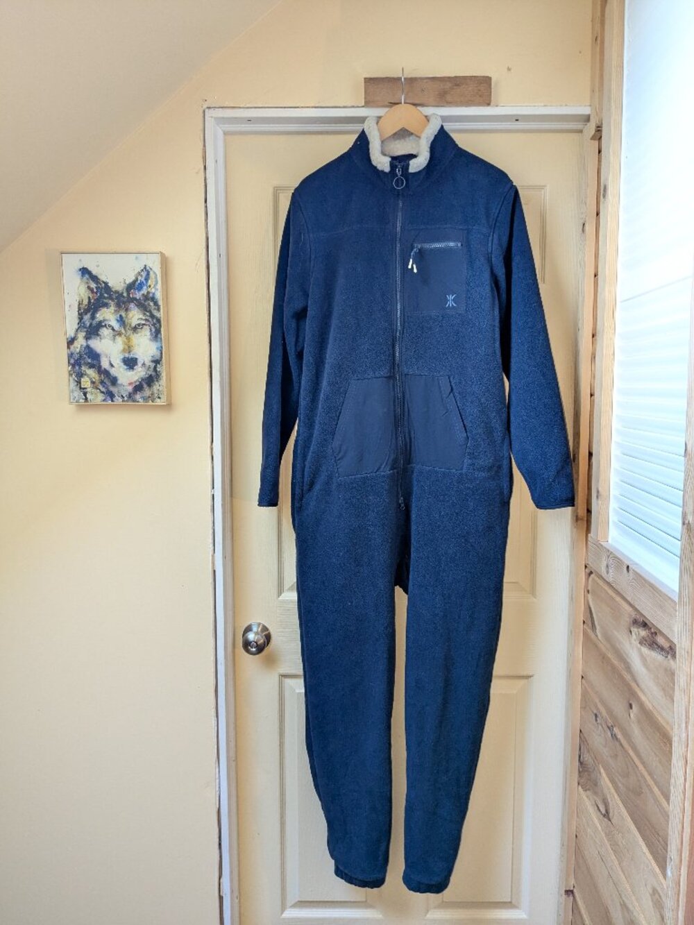 Onepiece Norway Navy Blue Fleece Jumpsuit Medium Sherpa Collar Mens Lounge Zip - Picture 1 of 16